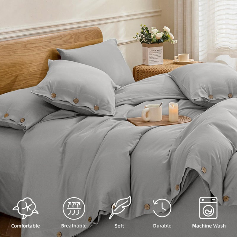 JELLYMONI Cotton Duvet Cover King Size - Light Gray Comforter Cover with Button 100% Washed Cotton 3PCS Breathable Soft Solid Bedding Set Duvet Cover 104Ã—90in & 2 Pillowcases (NO Comforter) - Image 4